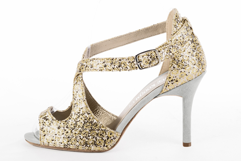 Sky blue and gold women's closed back sandals, with crossed straps. Round toe. Very high slim heel. Profile view - Florence KOOIJMAN